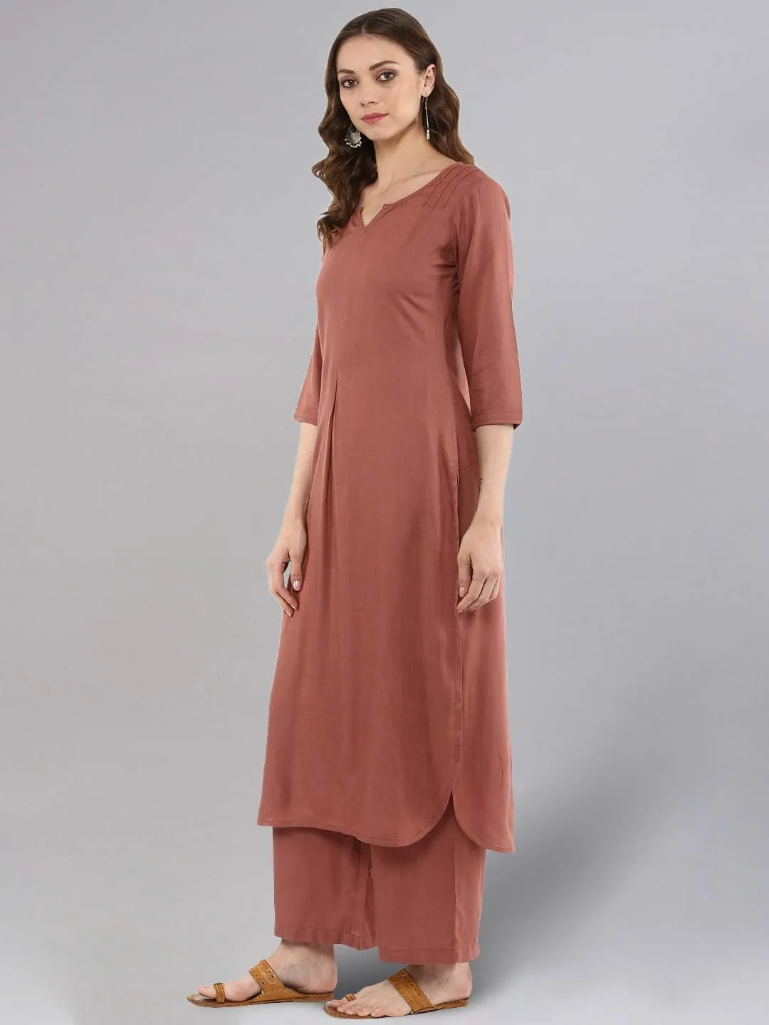 Rose Gold Straight Solid Kurta With Palazzo Pants