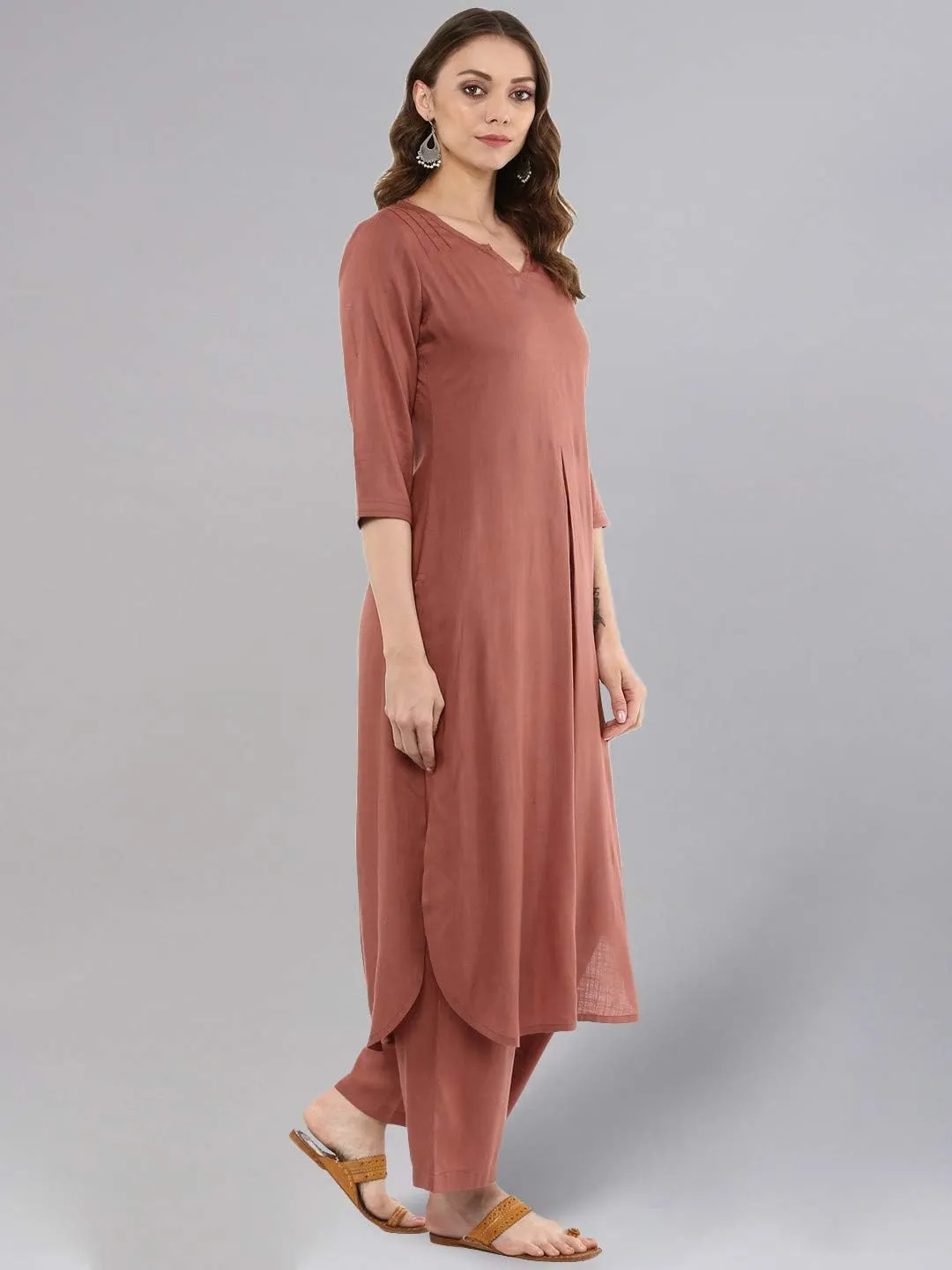 Rose Gold Straight Solid Kurta With Palazzo Pants
