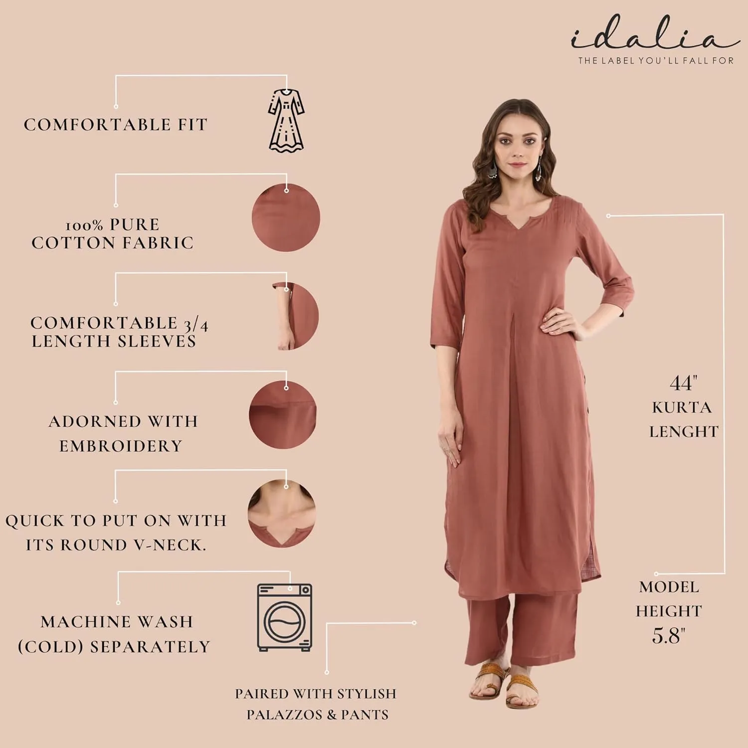 Rose Gold Straight Solid Kurta With Palazzo Pants
