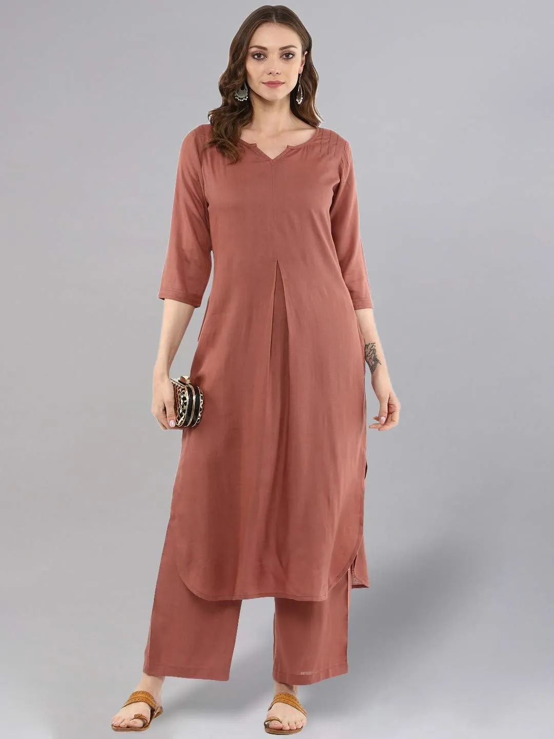 Rose Gold Straight Solid Kurta With Palazzo Pants
