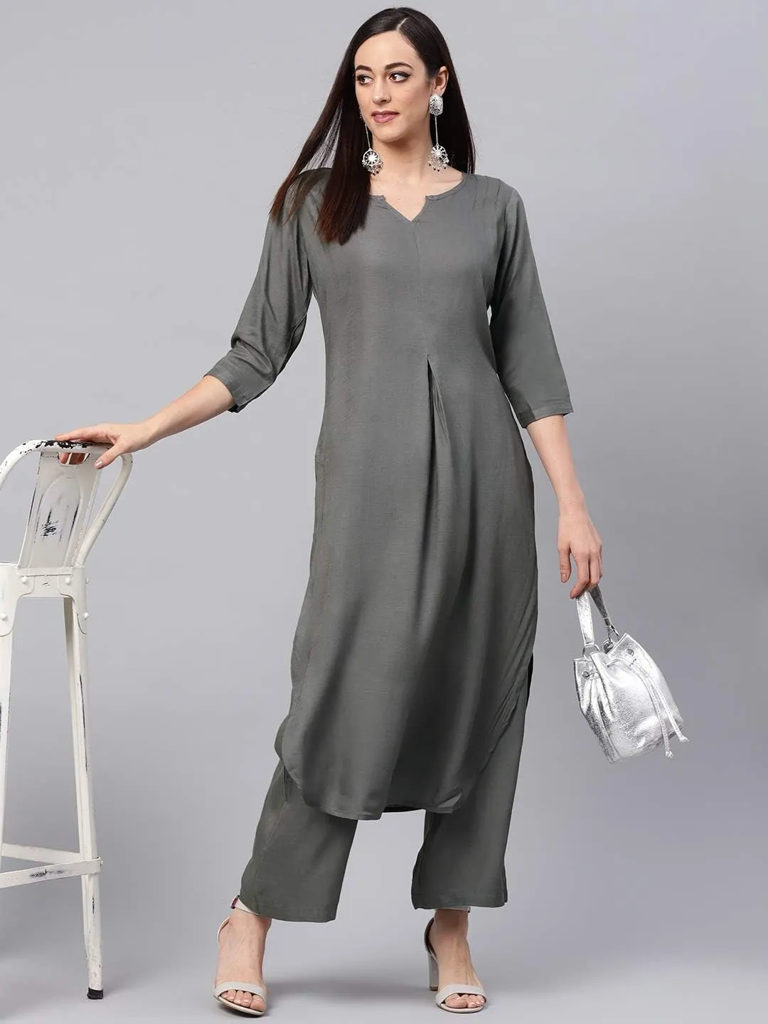 Rose Gold Straight Solid Kurta With Palazzo Pants