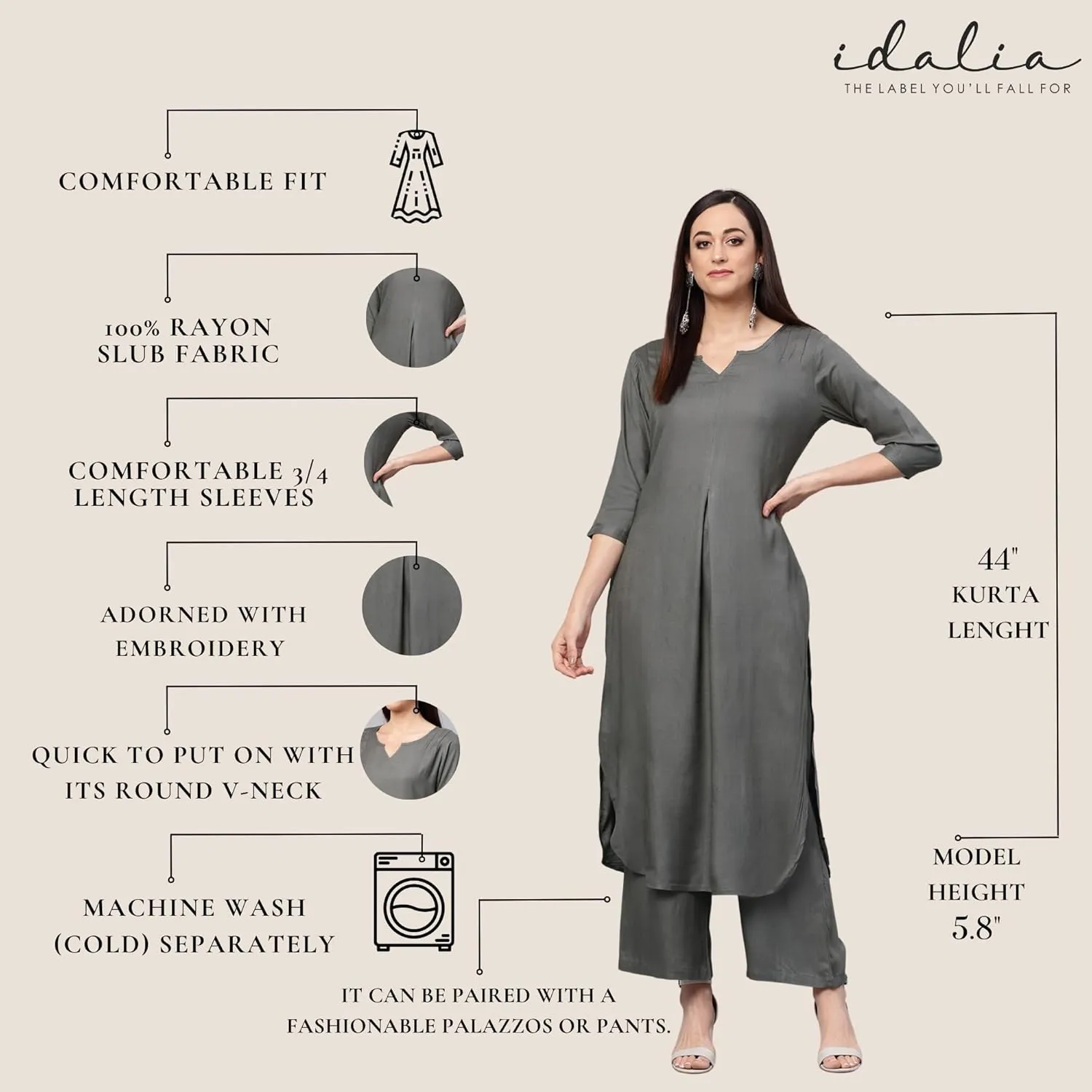 Rose Gold Straight Solid Kurta With Palazzo Pants
