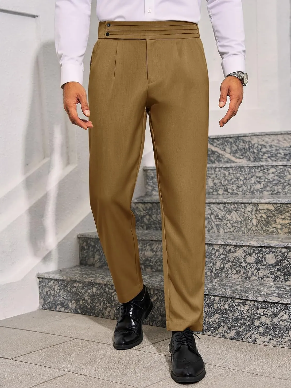 Runcati Mens Dress Pants Pleated Elastic Waist Chinos Trousers Work Suit Pants Slim Fit Slacks