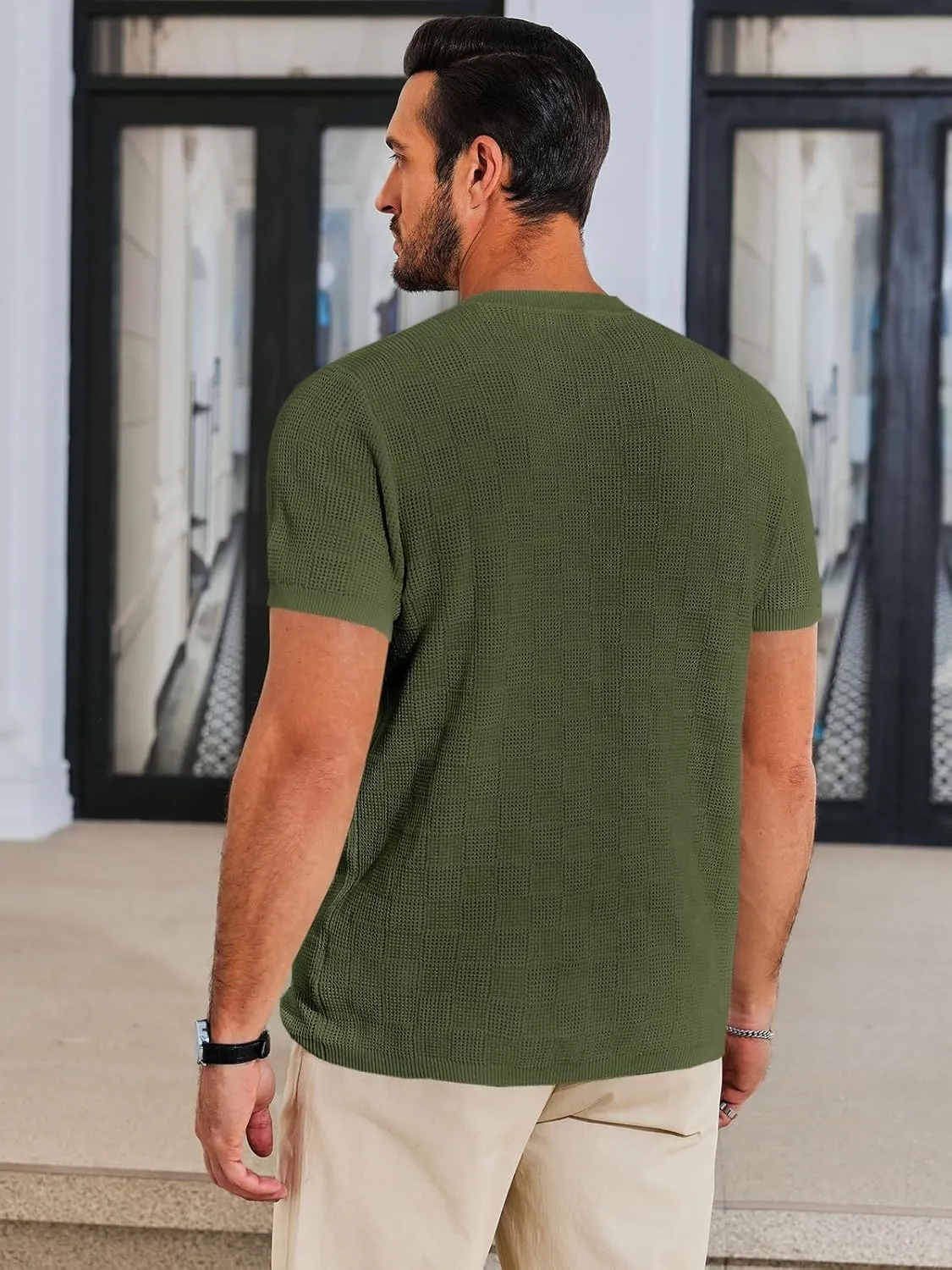 Runcati Mens Knit Short Sleeve T-Shirts Casual Crewneck Cotton Stretch Pullover Tees Summer Textured Tops