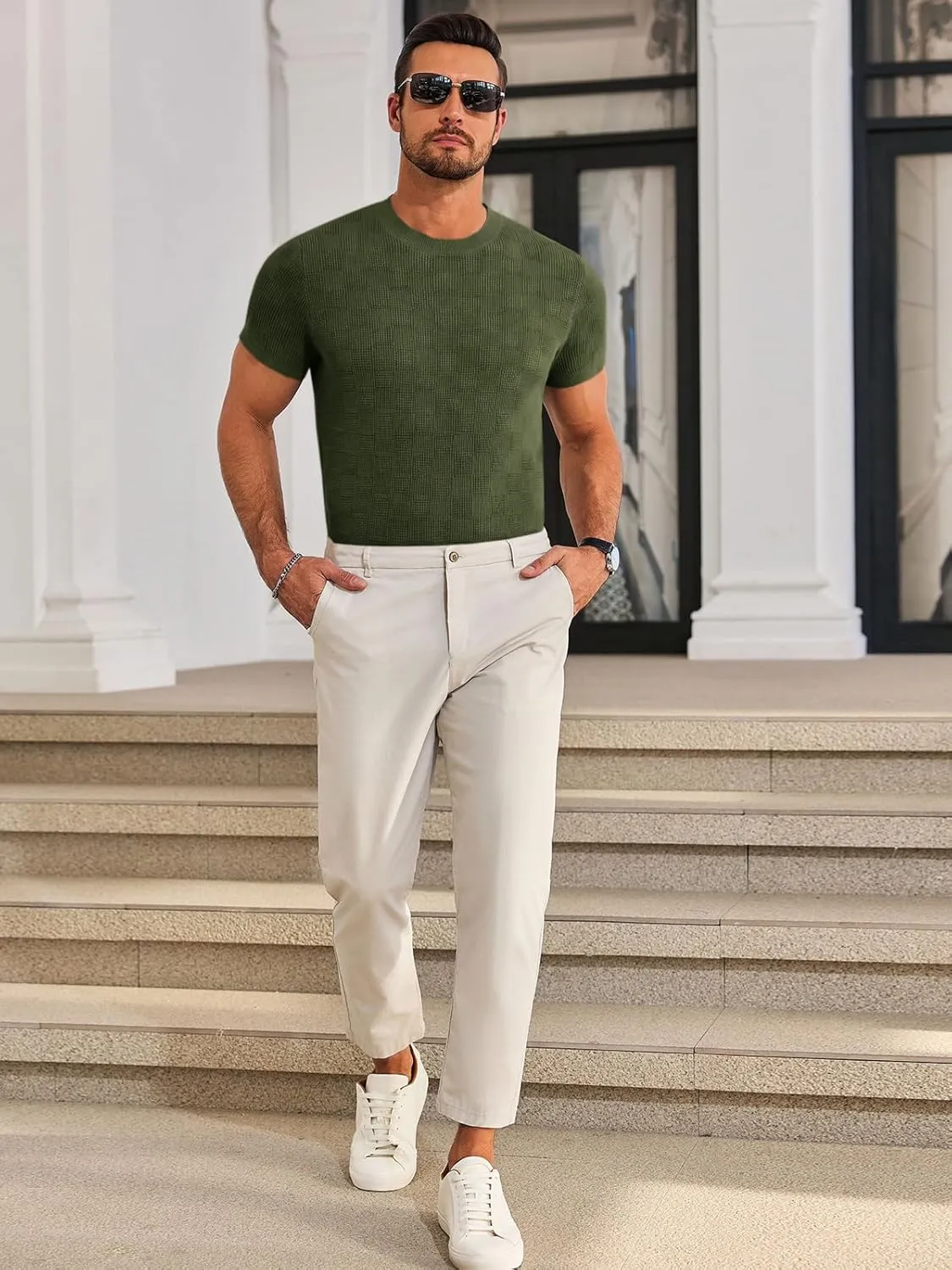 Runcati Mens Knit Short Sleeve T-Shirts Casual Crewneck Cotton Stretch Pullover Tees Summer Textured Tops