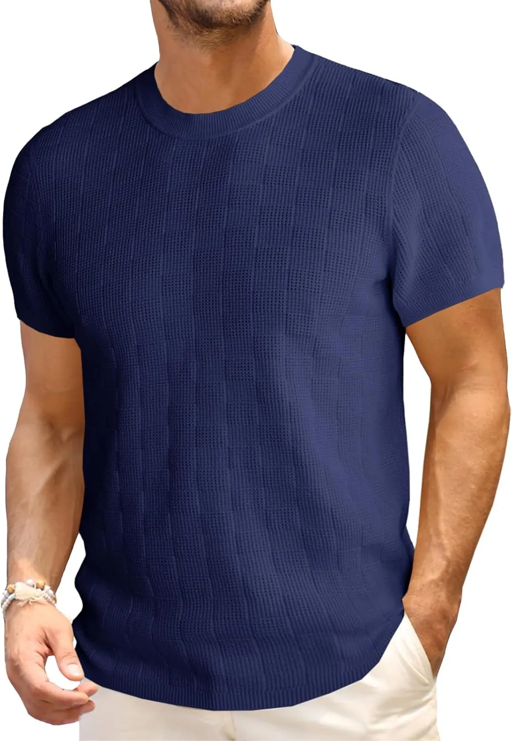 Runcati Mens Knit Short Sleeve T-Shirts Casual Crewneck Cotton Stretch Pullover Tees Summer Textured Tops