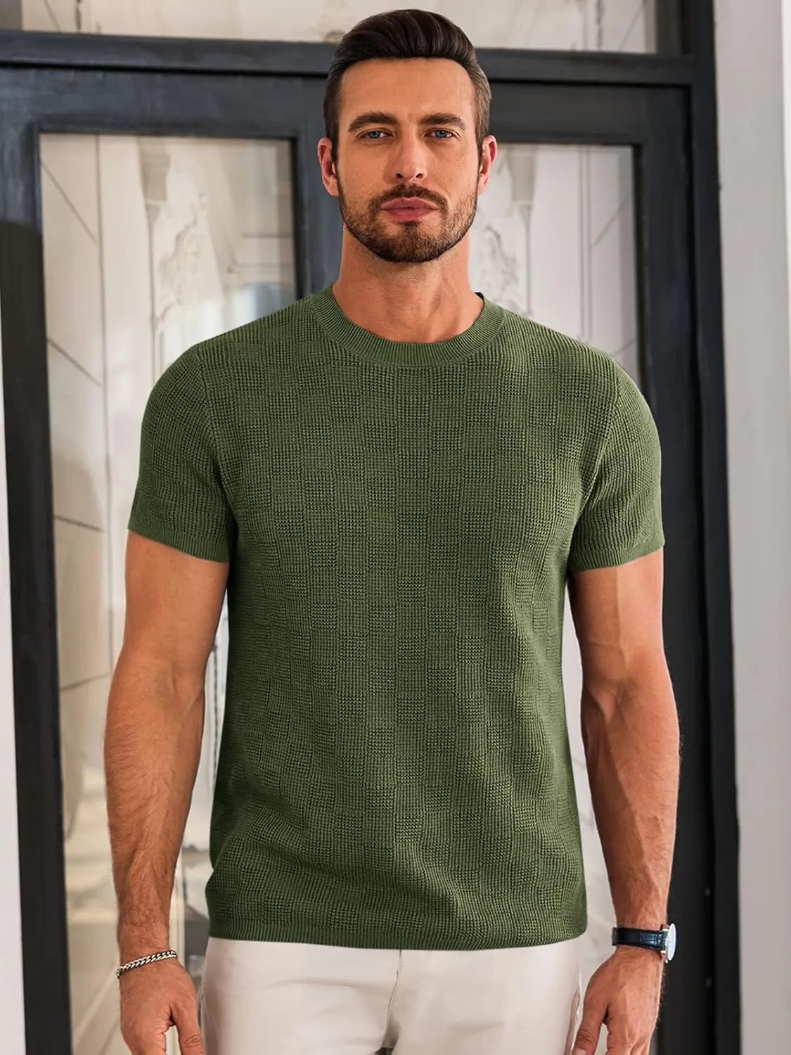 Runcati Mens Knit Short Sleeve T-Shirts Casual Crewneck Cotton Stretch Pullover Tees Summer Textured Tops