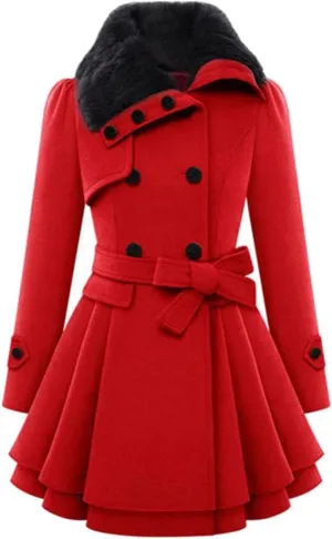 SACFOF Women's Faux Fur Lapel Double Breasted Thick Wool Trench Coat Winter Warm A-Line Dress Wool Blend Pea Coat Jackets