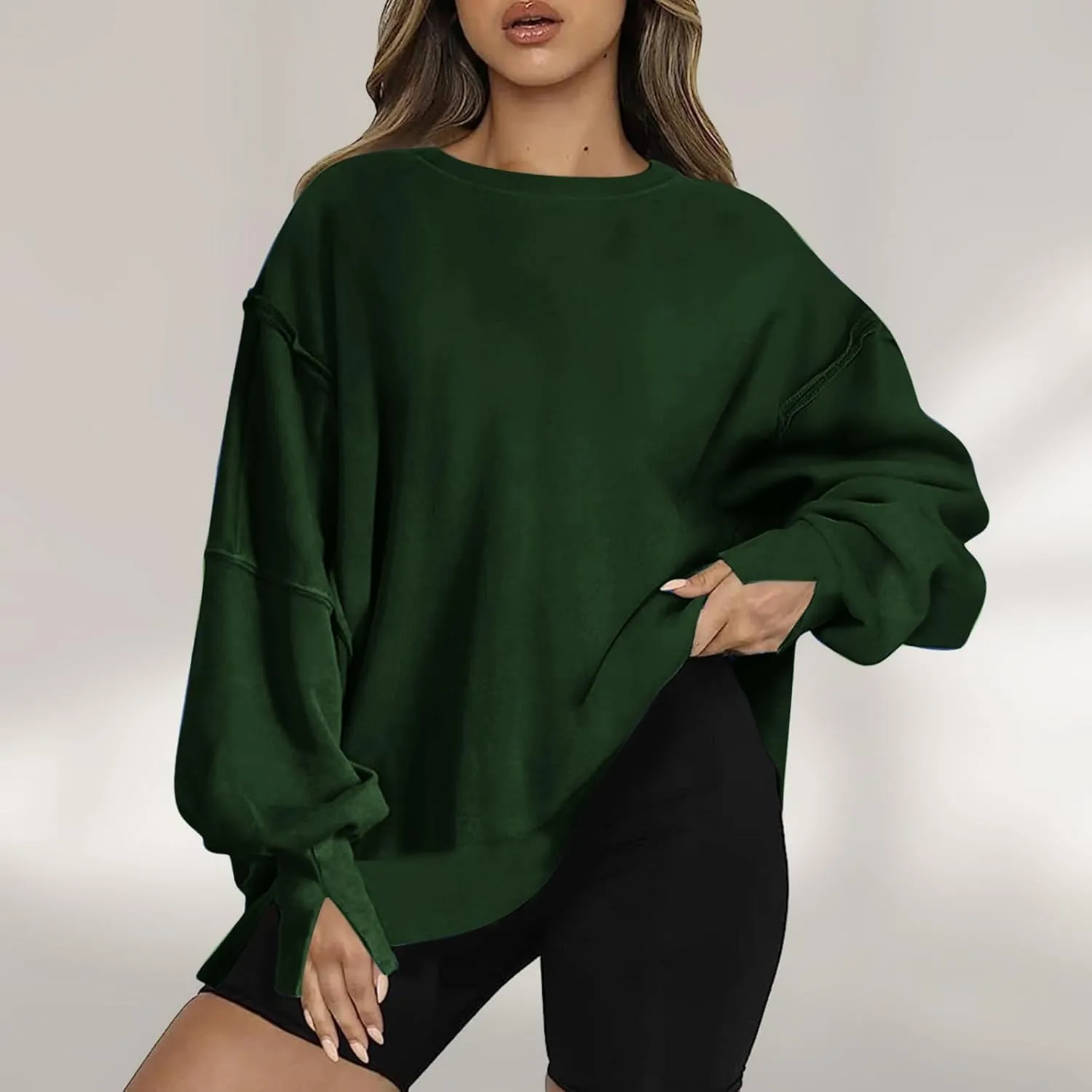 SMIDOW Womens Oversized Crewneck Sweatshirts Hoodies Fall 2023 Fashion Warm Y2k Clothes Casual Slit Sloucthy Pullover Tops