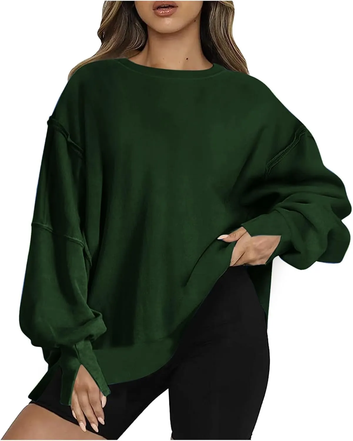 SMIDOW Womens Oversized Crewneck Sweatshirts Hoodies Fall 2023 Fashion Warm Y2k Clothes Casual Slit Sloucthy Pullover Tops