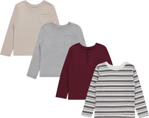 Stitch & Stone Boys 4 Pack Long Sleeve Tops, Soft Cotton Crewneck Tees, Casual Boys’ Clothing, Comfortable Everyday Wear