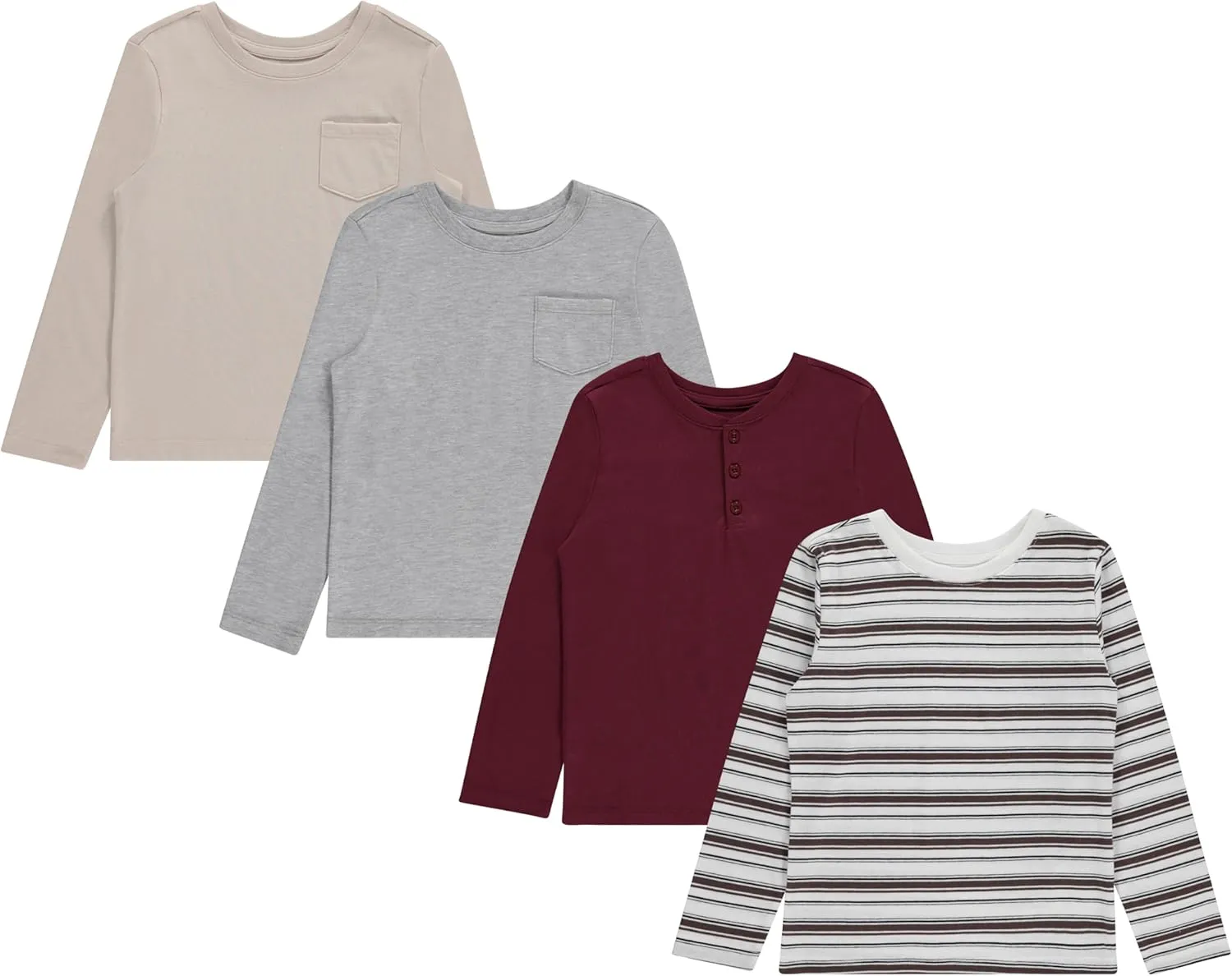 Stitch & Stone Boys 4 Pack Long Sleeve Tops, Soft Cotton Crewneck Tees, Casual Boys’ Clothing, Comfortable Everyday Wear