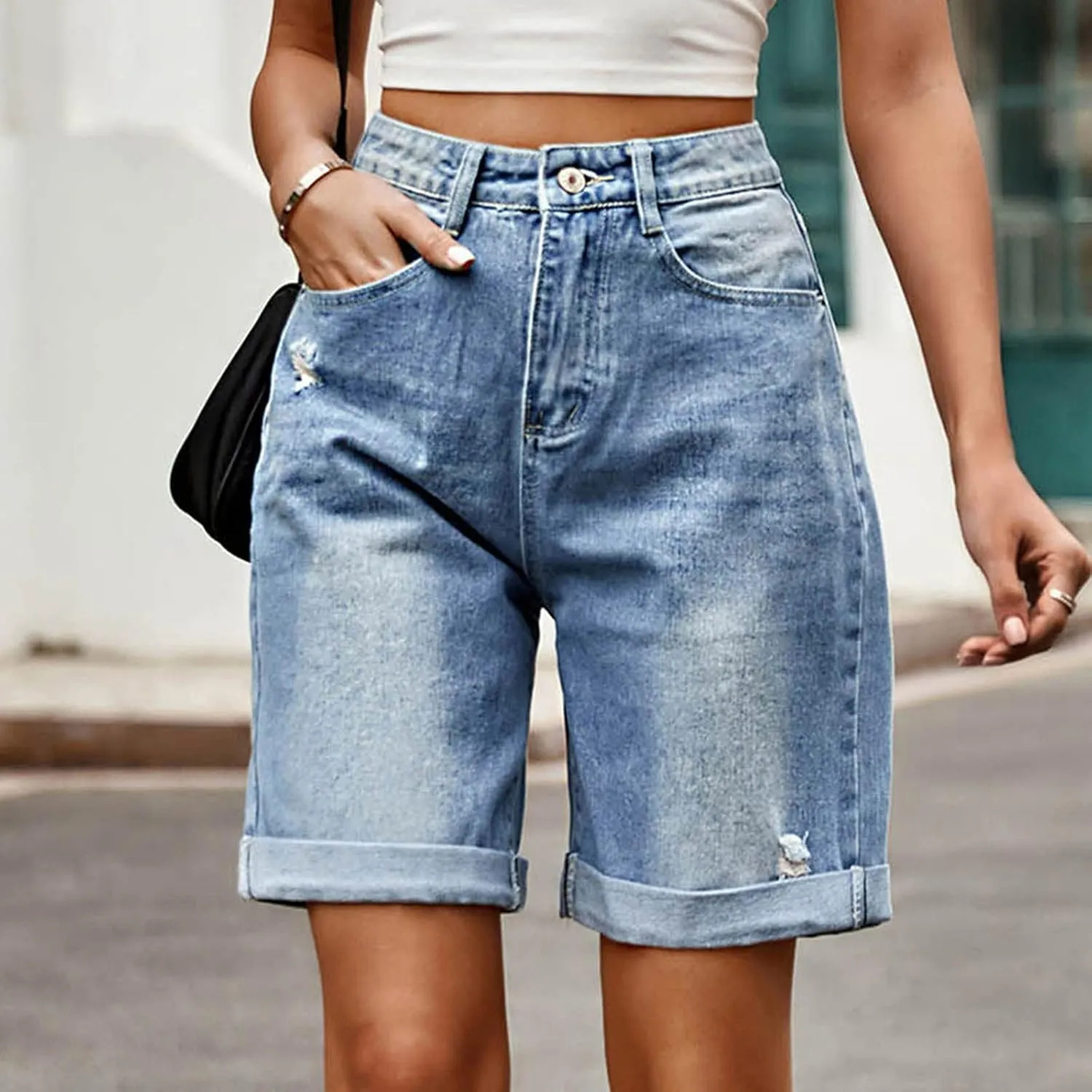 Summer Denim Bermuda Shorts for Women Casual Baggy Capri Shorts High Waisted Denim Shorts Cuffed Hem Jeans Shorts Pants