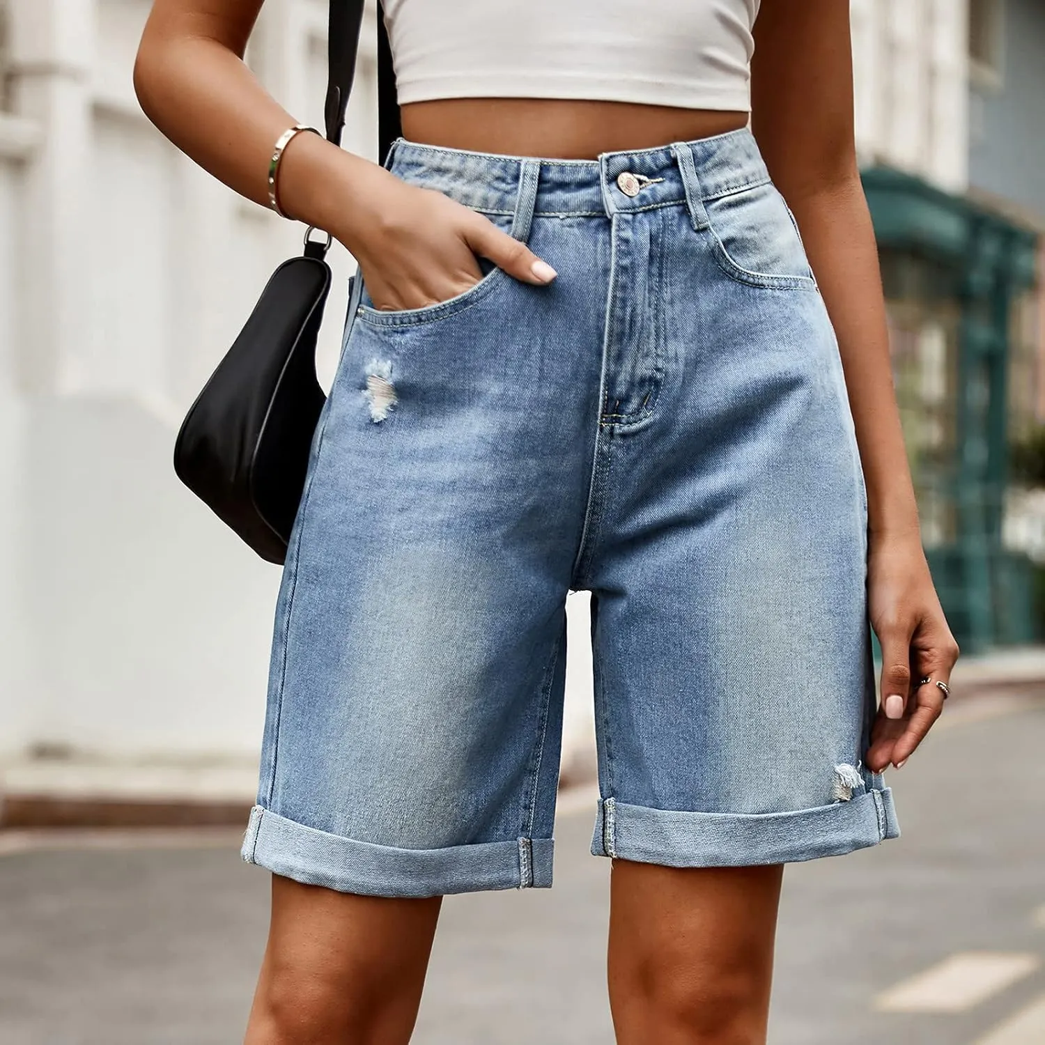 Summer Denim Bermuda Shorts for Women Casual Baggy Capri Shorts High Waisted Denim Shorts Cuffed Hem Jeans Shorts Pants