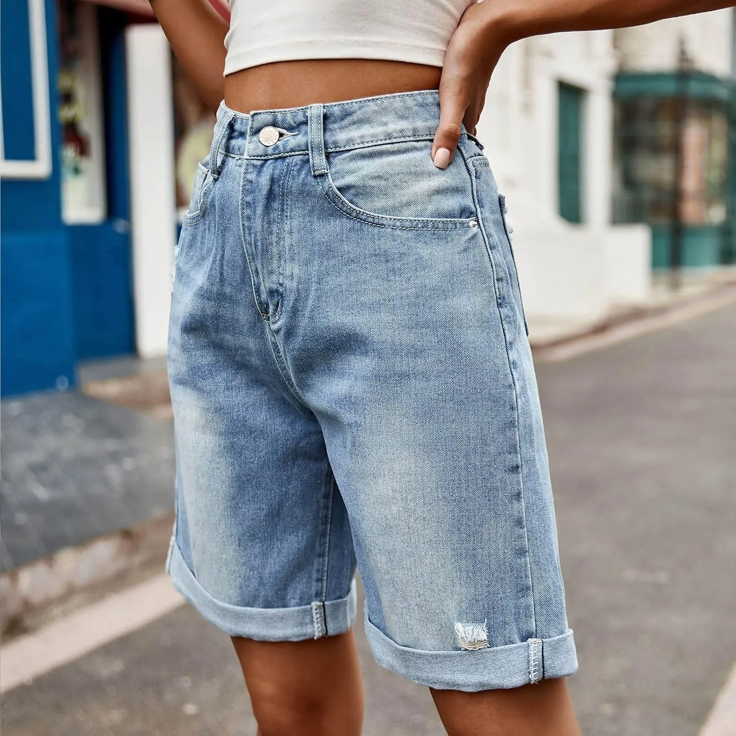 Summer Denim Bermuda Shorts for Women Casual Baggy Capri Shorts High Waisted Denim Shorts Cuffed Hem Jeans Shorts Pants