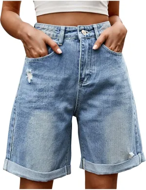 Summer Denim Bermuda Shorts for Women Casual Baggy Capri Shorts High Waisted Denim Shorts Cuffed Hem Jeans Shorts Pants