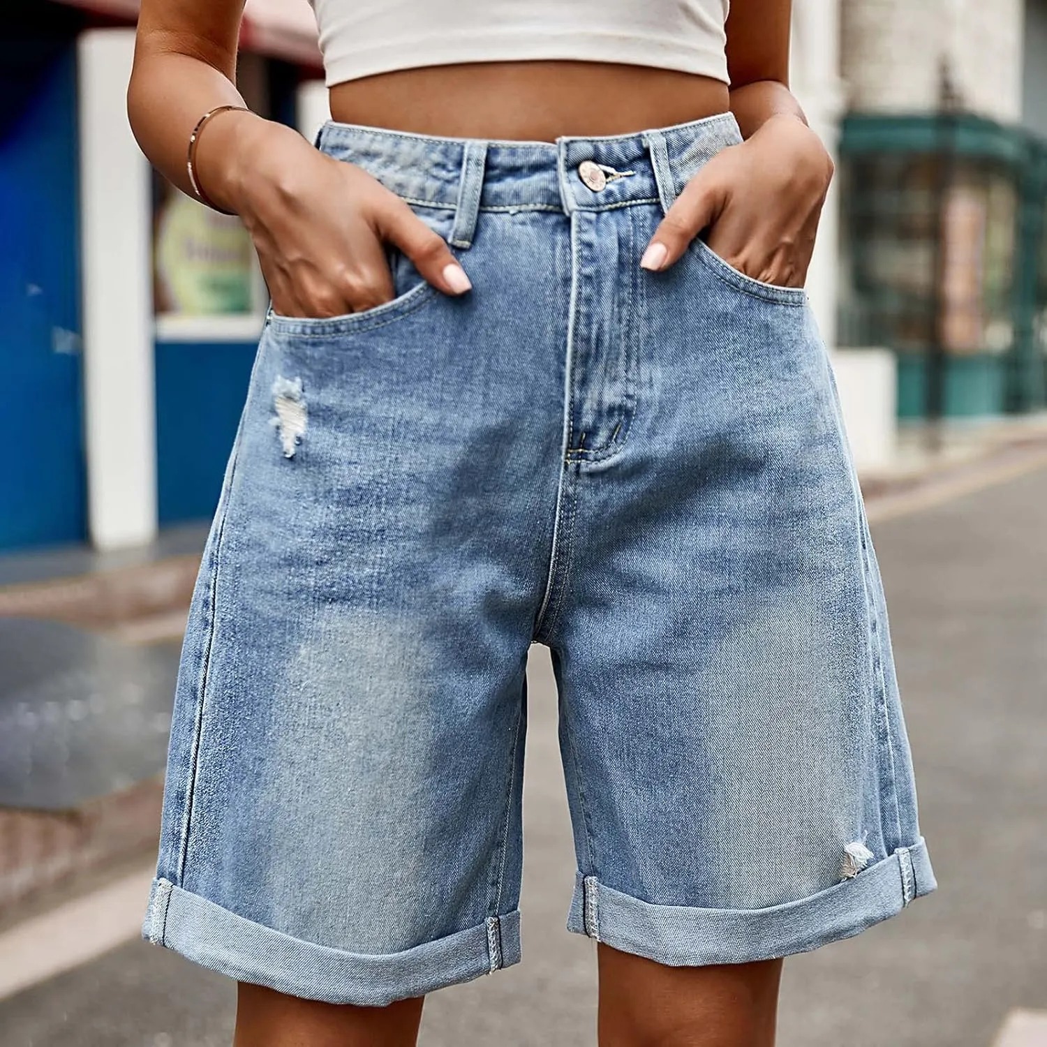Summer Denim Bermuda Shorts for Women Casual Baggy Capri Shorts High Waisted Denim Shorts Cuffed Hem Jeans Shorts Pants