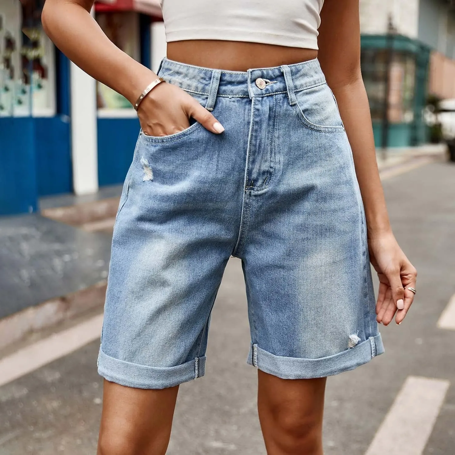 Summer Denim Bermuda Shorts for Women Casual Baggy Capri Shorts High Waisted Denim Shorts Cuffed Hem Jeans Shorts Pants