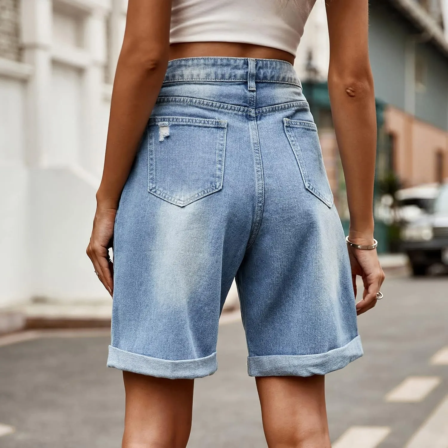 Summer Denim Bermuda Shorts for Women Casual Baggy Capri Shorts High Waisted Denim Shorts Cuffed Hem Jeans Shorts Pants
