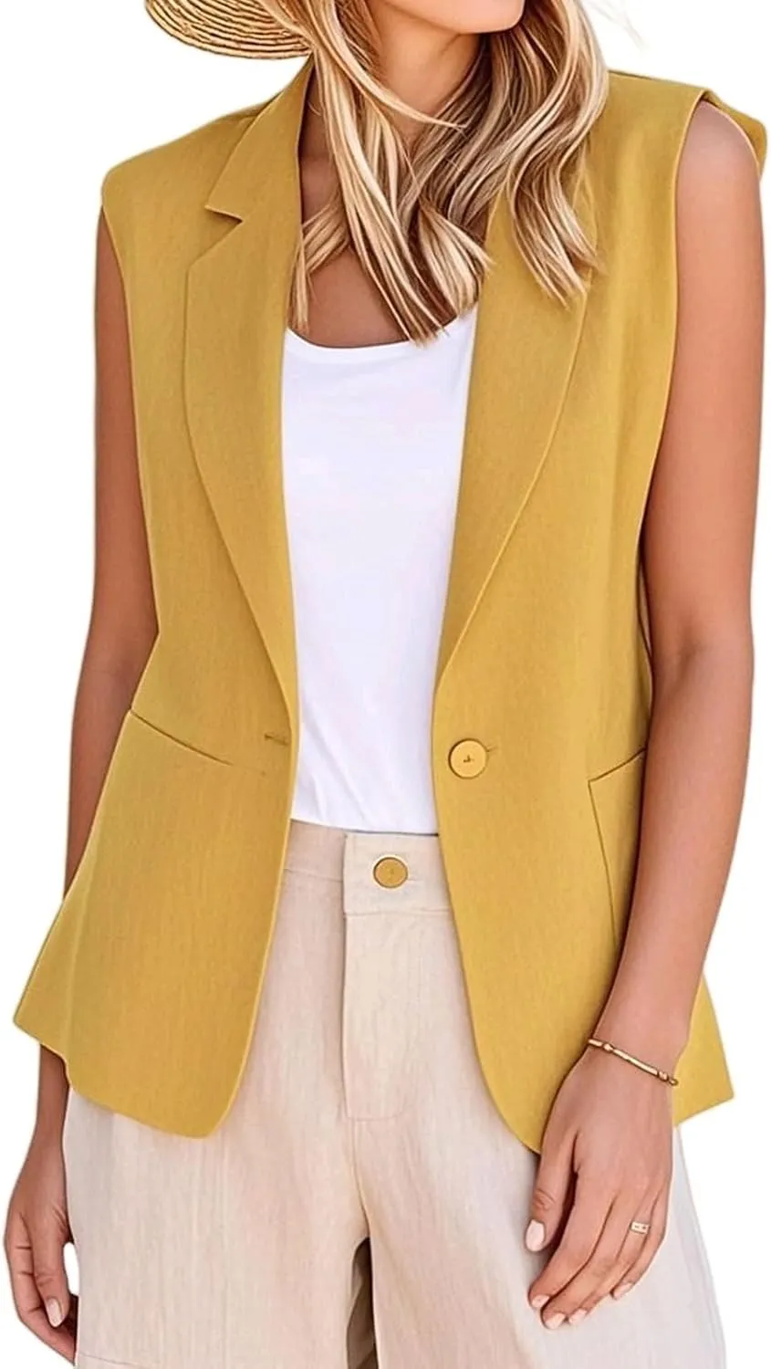 Summer Vest for Women Casual Open Front Sleeveless Blazers Business Lapel Button Suit Vests Loose Work Office Jacket