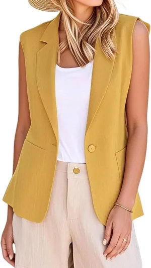 Summer Vest for Women Casual Open Front Sleeveless Blazers Business Lapel Button Suit Vests Loose Work Office Jacket