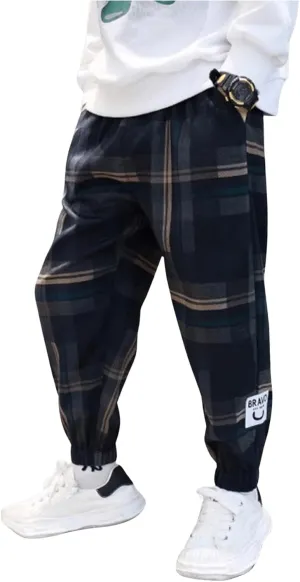 SweatyRocks Boy's Casual Plaid Pants Elastic High Waist Joggers Pants with Pockets