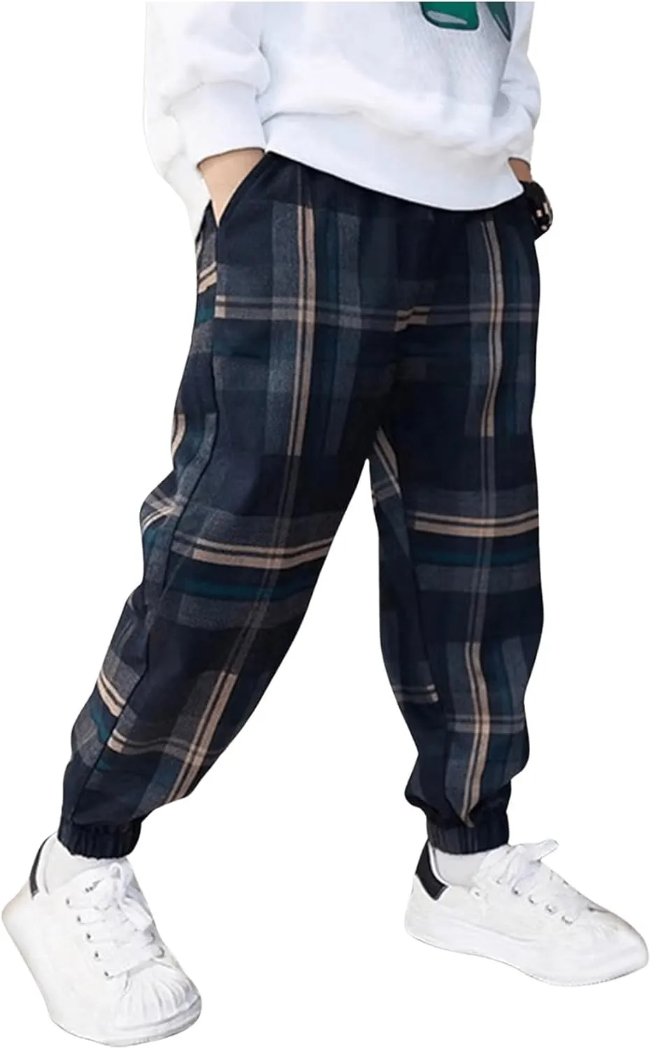 SweatyRocks Boy's Casual Plaid Pants Elastic High Waist Joggers Pants with Pockets