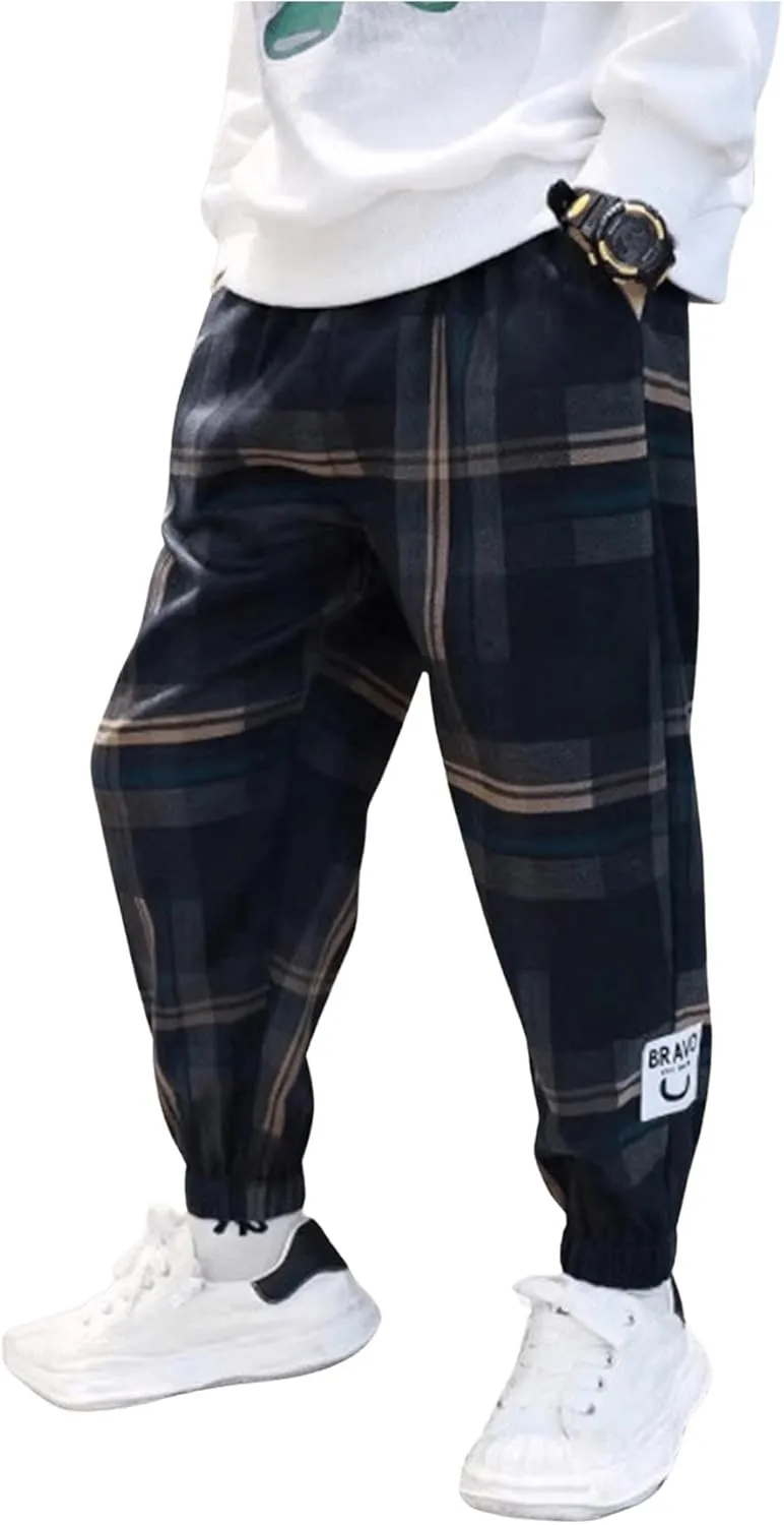 SweatyRocks Boy's Casual Plaid Pants Elastic High Waist Joggers Pants with Pockets