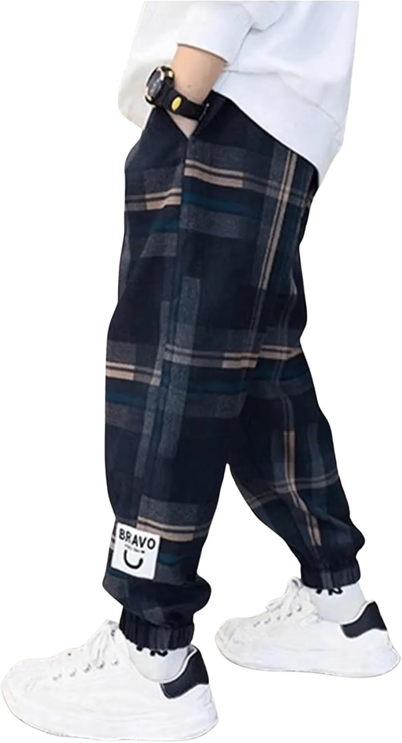 SweatyRocks Boy's Casual Plaid Pants Elastic High Waist Joggers Pants with Pockets