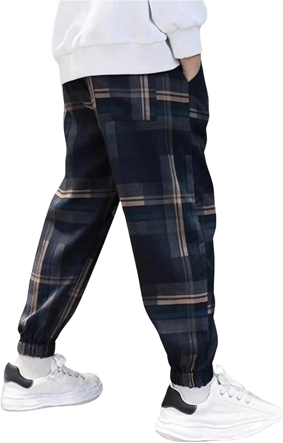 SweatyRocks Boy's Casual Plaid Pants Elastic High Waist Joggers Pants with Pockets