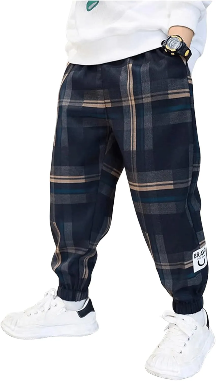SweatyRocks Boy's Casual Plaid Pants Elastic High Waist Joggers Pants with Pockets