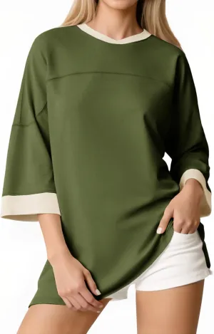 Tankaneo Womens Oversized T Shirts Color Block 3/4 Sleeve Fall Top Crew Neck Loose Fit Tunic Tops