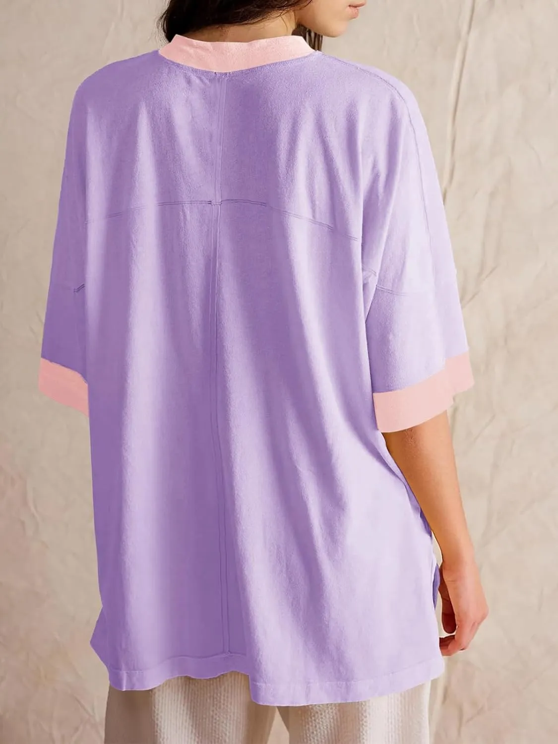 Tankaneo Womens Oversized T Shirts Color Block 3/4 Sleeve Fall Top Crew Neck Loose Fit Tunic Tops