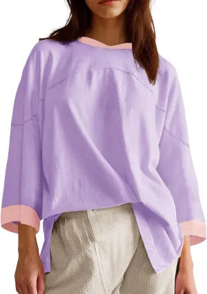 Tankaneo Womens Oversized T Shirts Color Block 3/4 Sleeve Fall Top Crew Neck Loose Fit Tunic Tops