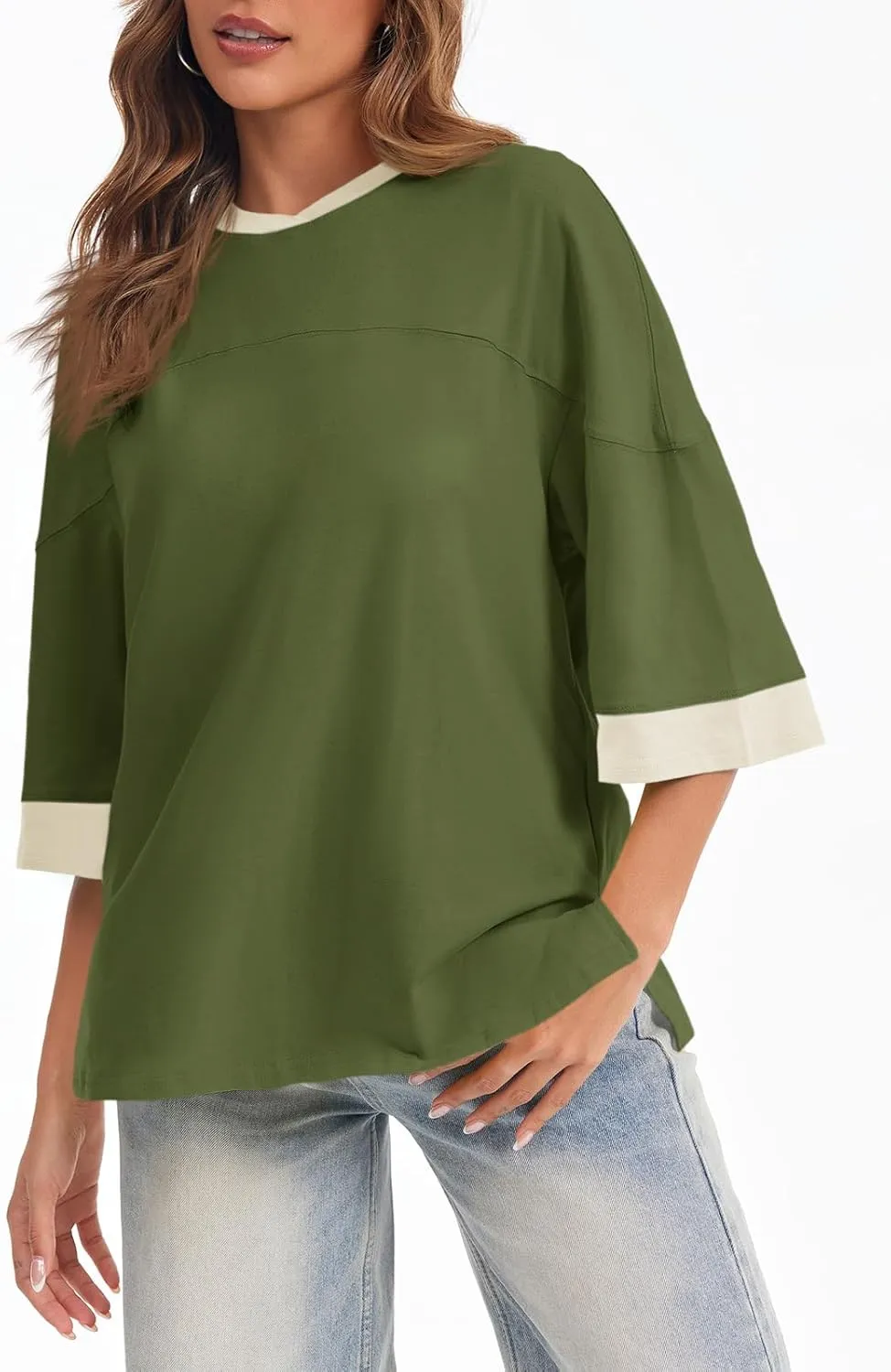 Tankaneo Womens Oversized T Shirts Color Block 3/4 Sleeve Fall Top Crew Neck Loose Fit Tunic Tops