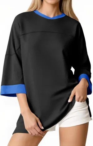 Tankaneo Womens Oversized T Shirts Color Block 3/4 Sleeve Fall Top Crew Neck Loose Fit Tunic Tops