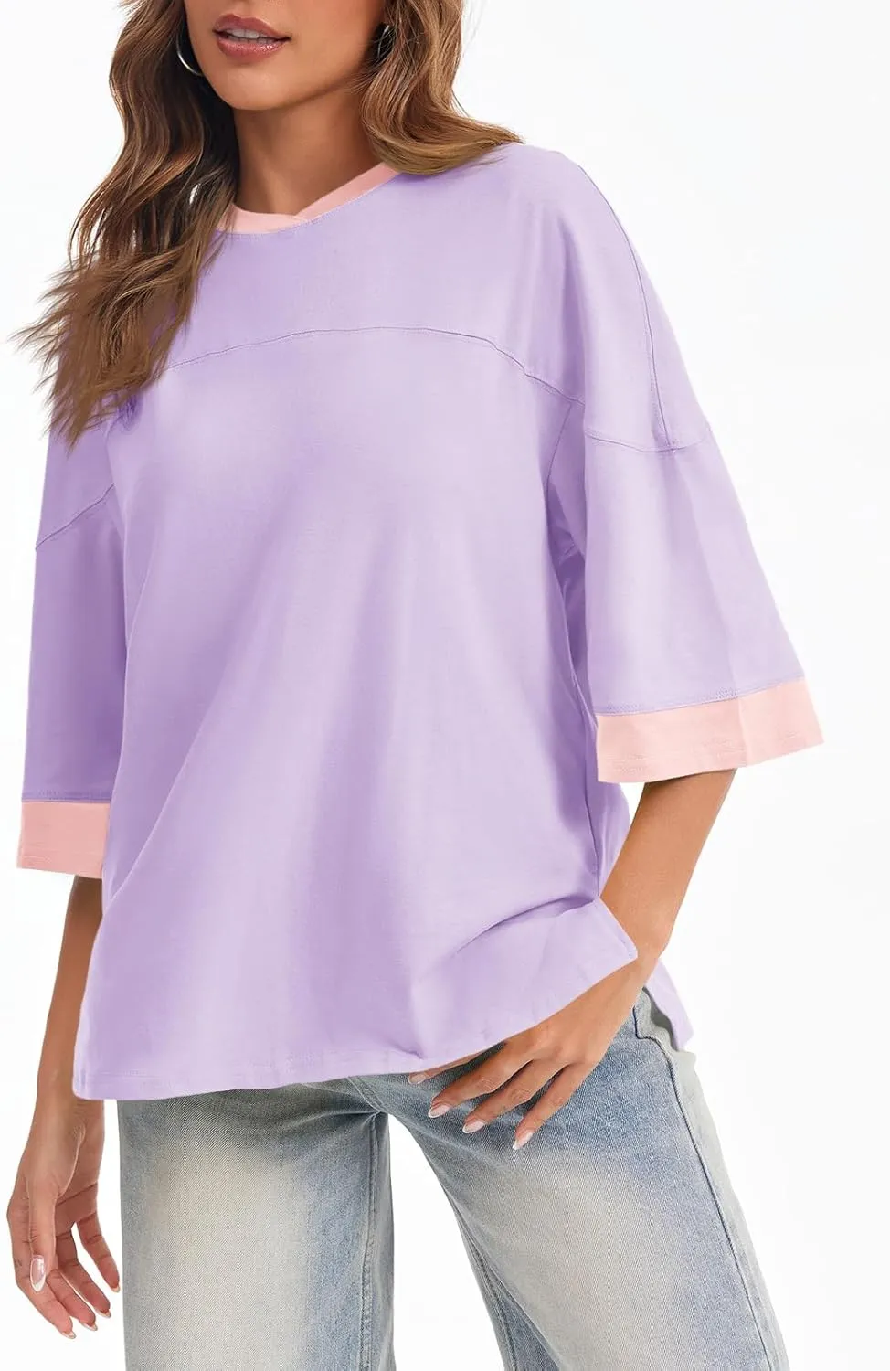 Tankaneo Womens Oversized T Shirts Color Block 3/4 Sleeve Fall Top Crew Neck Loose Fit Tunic Tops