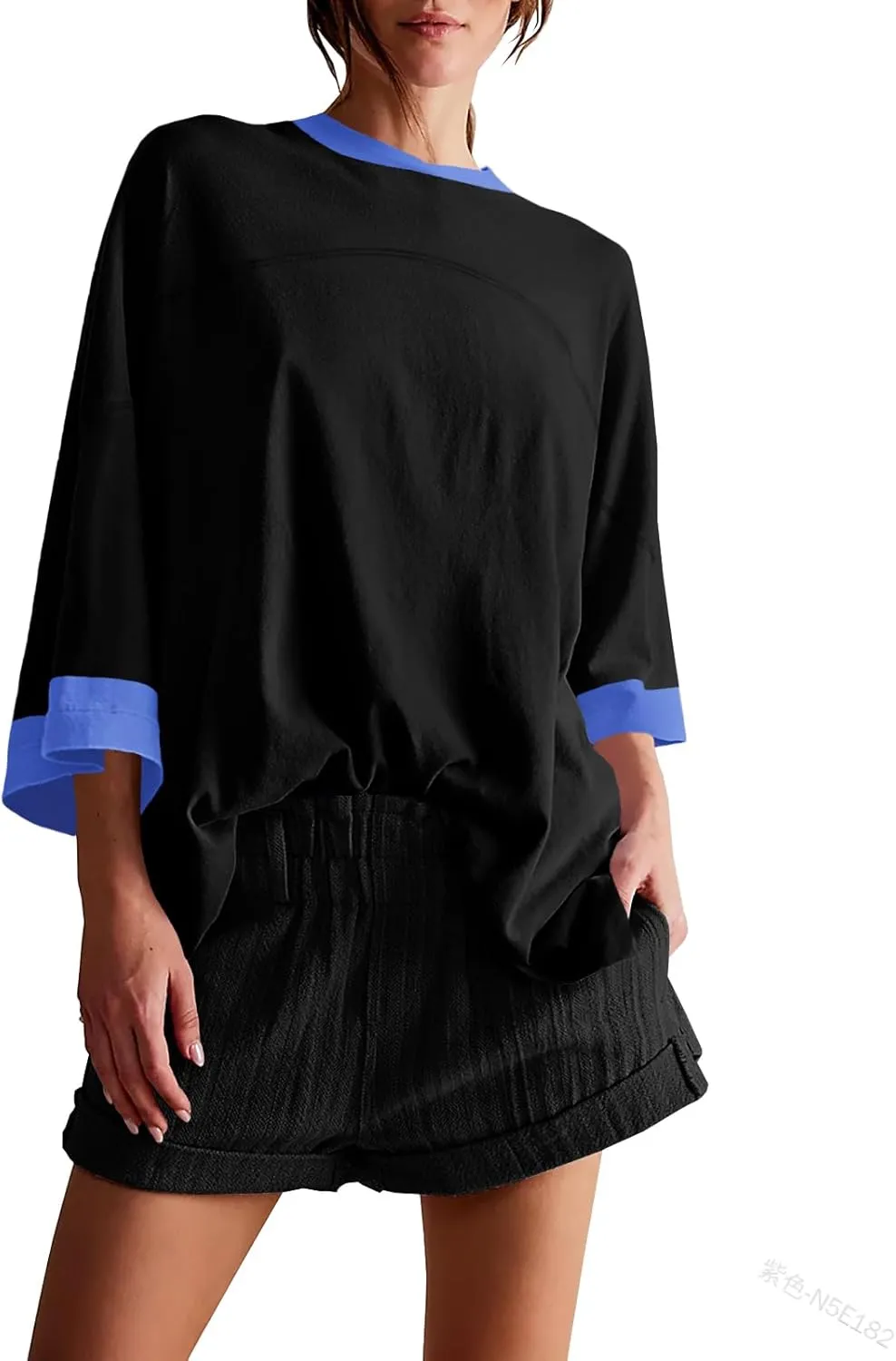 Tankaneo Womens Oversized T Shirts Color Block 3/4 Sleeve Fall Top Crew Neck Loose Fit Tunic Tops