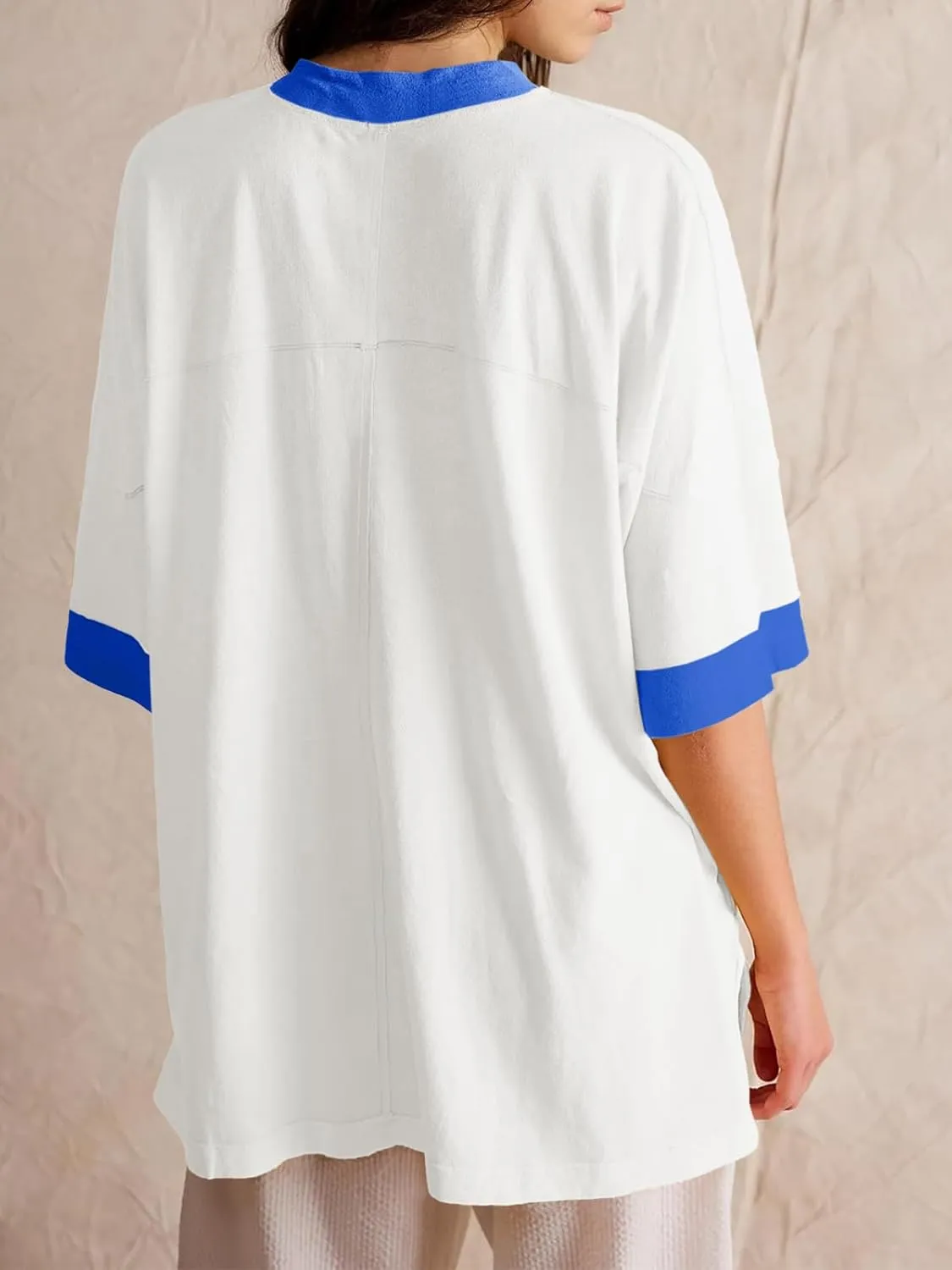Tankaneo Womens Oversized T Shirts Color Block 3/4 Sleeve Fall Top Crew Neck Loose Fit Tunic Tops