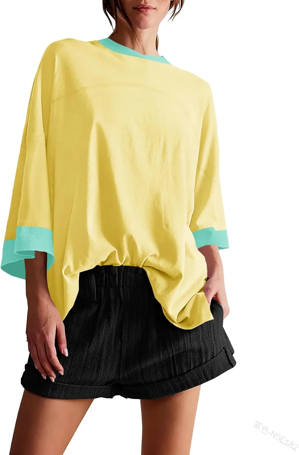 Tankaneo Womens Oversized T Shirts Color Block 3/4 Sleeve Fall Top Crew Neck Loose Fit Tunic Tops