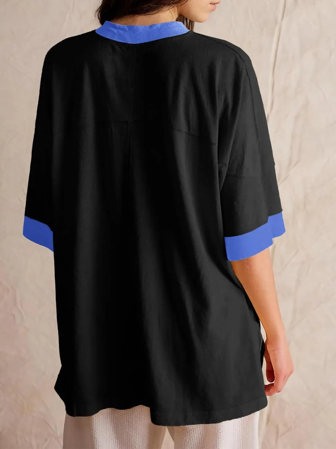 Tankaneo Womens Oversized T Shirts Color Block 3/4 Sleeve Fall Top Crew Neck Loose Fit Tunic Tops