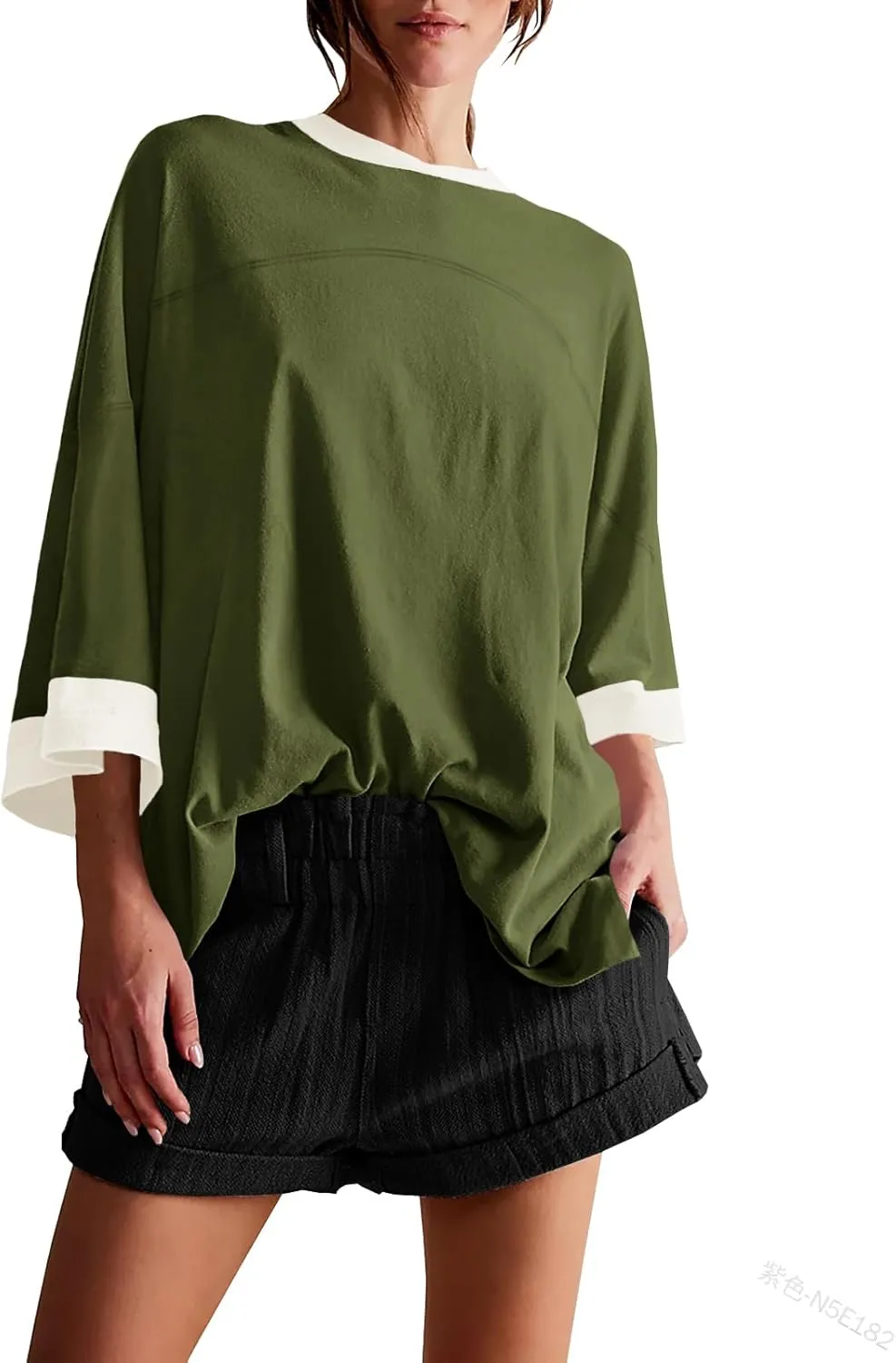 Tankaneo Womens Oversized T Shirts Color Block 3/4 Sleeve Fall Top Crew Neck Loose Fit Tunic Tops
