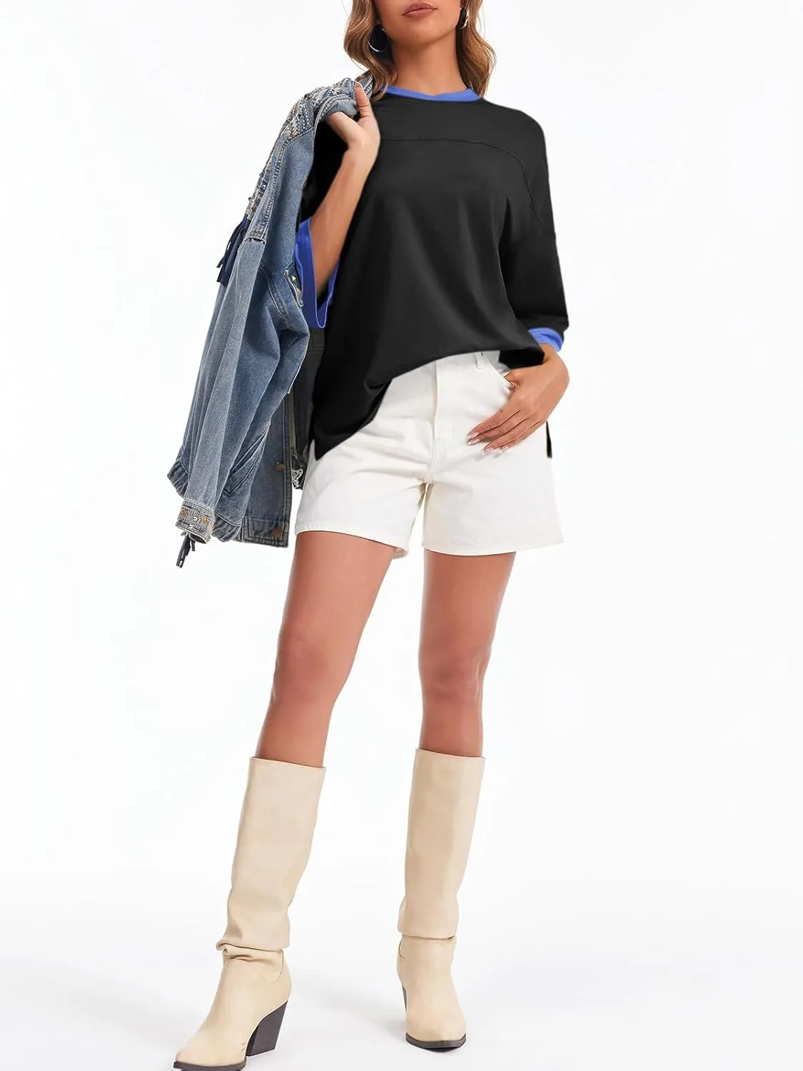 Tankaneo Womens Oversized T Shirts Color Block 3/4 Sleeve Fall Top Crew Neck Loose Fit Tunic Tops