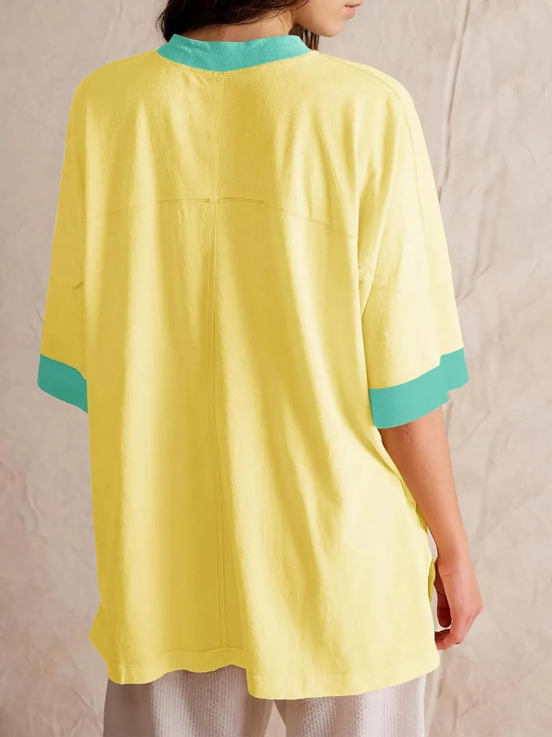 Tankaneo Womens Oversized T Shirts Color Block 3/4 Sleeve Fall Top Crew Neck Loose Fit Tunic Tops