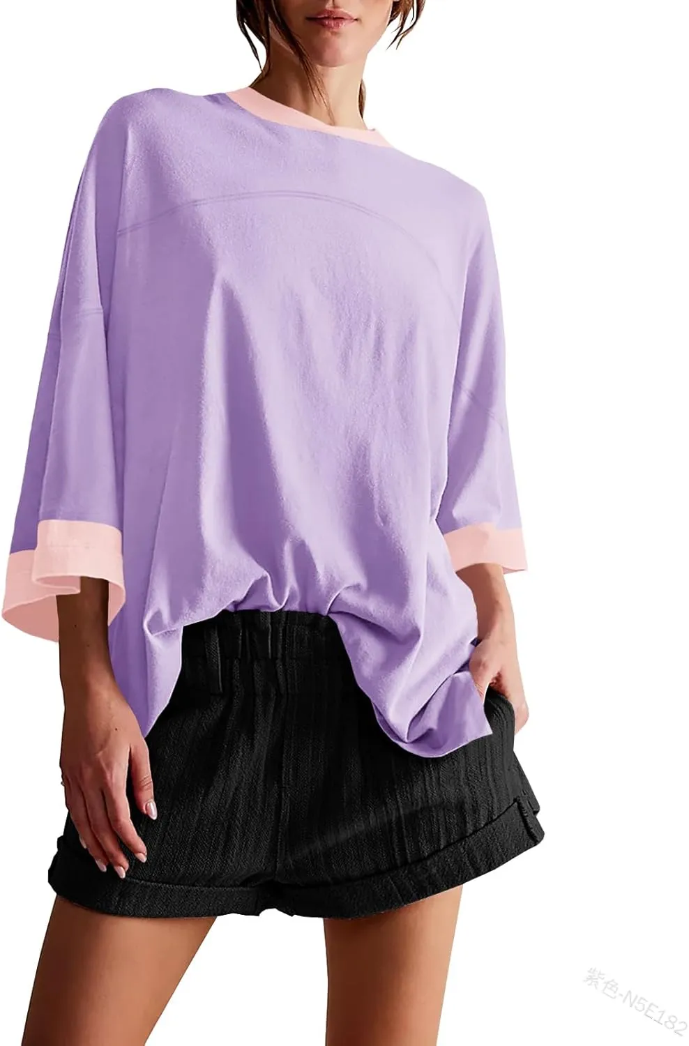 Tankaneo Womens Oversized T Shirts Color Block 3/4 Sleeve Fall Top Crew Neck Loose Fit Tunic Tops