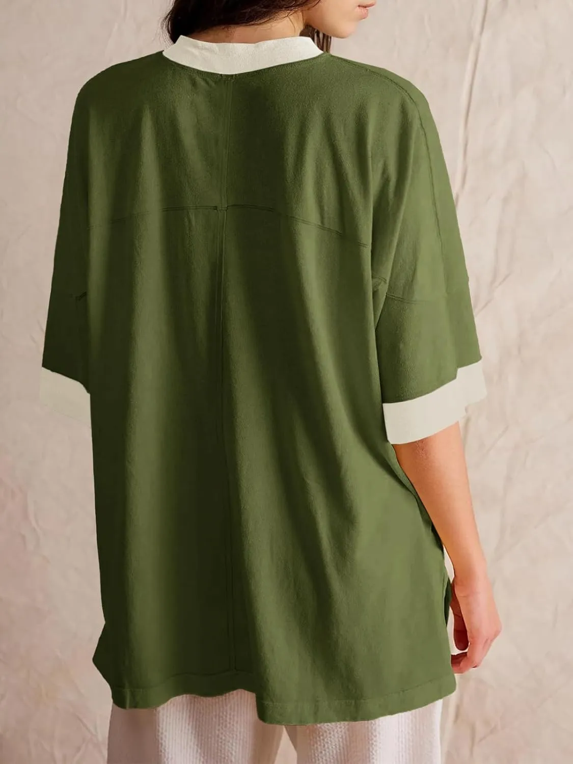 Tankaneo Womens Oversized T Shirts Color Block 3/4 Sleeve Fall Top Crew Neck Loose Fit Tunic Tops