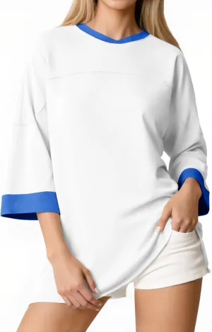 Tankaneo Womens Oversized T Shirts Color Block 3/4 Sleeve Fall Top Crew Neck Loose Fit Tunic Tops