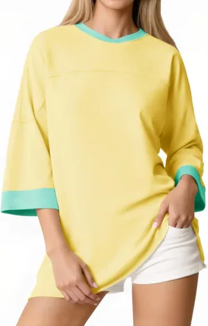 Tankaneo Womens Oversized T Shirts Color Block 3/4 Sleeve Fall Top Crew Neck Loose Fit Tunic Tops