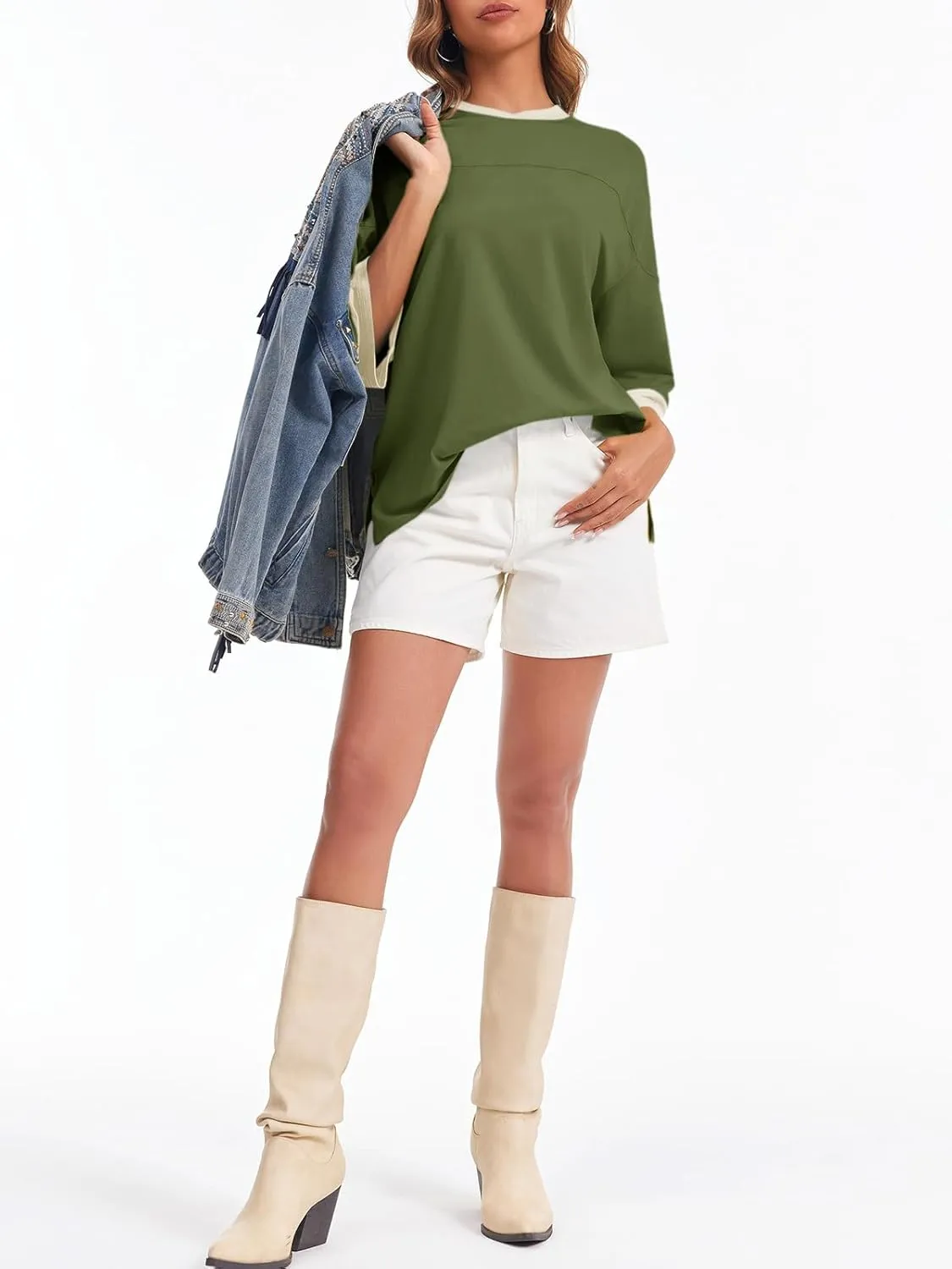 Tankaneo Womens Oversized T Shirts Color Block 3/4 Sleeve Fall Top Crew Neck Loose Fit Tunic Tops