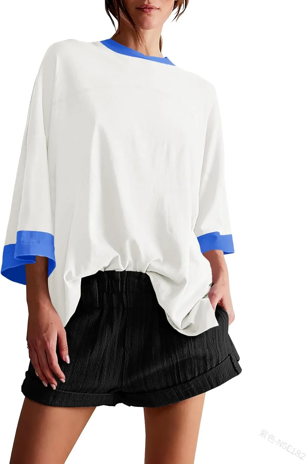 Tankaneo Womens Oversized T Shirts Color Block 3/4 Sleeve Fall Top Crew Neck Loose Fit Tunic Tops